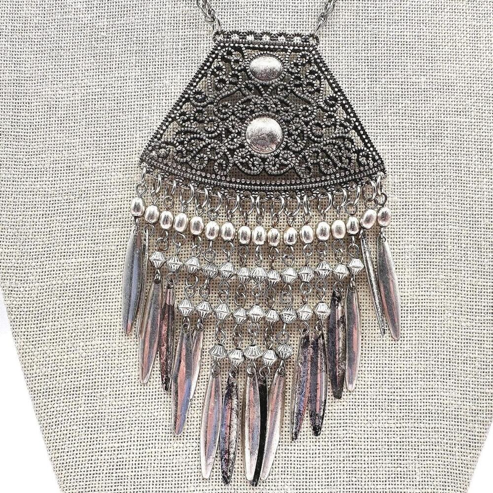 Vintage 90s Silver Tone Filigree Fringe Statement Necklace Women's Retro Jewelry